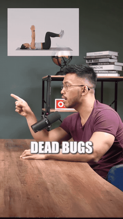 Dead bugs, 12 reps each side. Glute bridge marches, 20 reps each side.